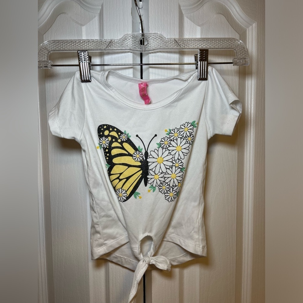 Girls 2Piece Butterfly & Daisy Outfit White Tie-Front Top with Yellow Shorts Set
